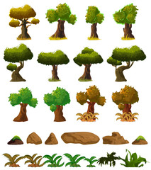 Cartoon nature landscape elements set, trees, stones and grass clip art, isolated on white background