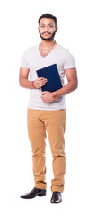 Latino cutout man with beard holding a dark-blue folder. Full length portrait. Isolated on white background.