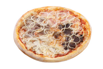 Pizza with cheese, salami, ham, chicken, beef, onions and tomato