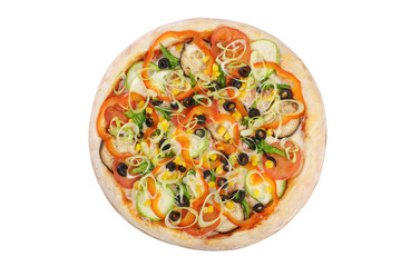 Vegetable pizza with tomatoes, aubergines, courgettes, peppers a