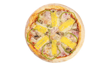 Pizza with cheese, salami, ham, chicken, beef, onions and tomato