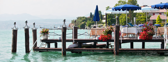 The restaurant on the pier on the lake bank