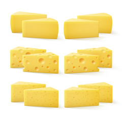 Vector Set of Triangular Pieces of Various Kind of Swiss Cheese Close up Isolated on White Background