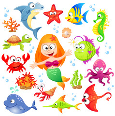 Fototapeta na wymiar Big set of cute cartoon sea animals and mermaid