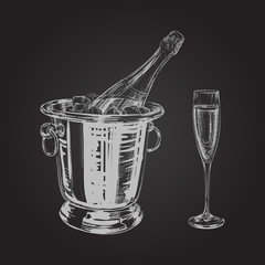 Plakaty  butelka szampana i szklana ilustracja