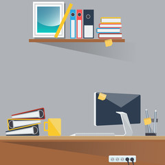 Office Work Place with Computer and Paper Documents. Vector Background