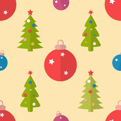 Flat seamless pattern with fir trees and baubles