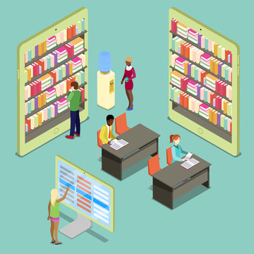 Isometric Digital Library with Bookshelves and Reading People. Vector illustration