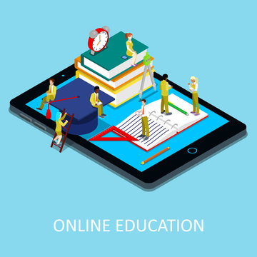 Isometric Online Education Concept. Students with School Elements on Tablet. Vector illustration