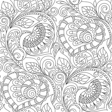 Seamless pattern with hearts ornament. Floral decorative pattern in zentangle style. Adult antistress coloring page. Black and white hand drawn doodle for coloring book