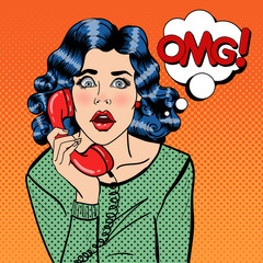 Shocked Young Woman Talking on the Phone. Pop Art. Vector illustration