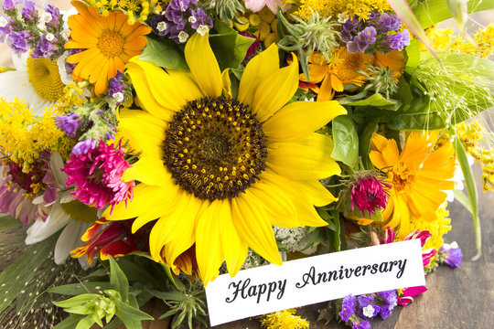 Happy Anniversary Card with Bouquet of Summer Flowers