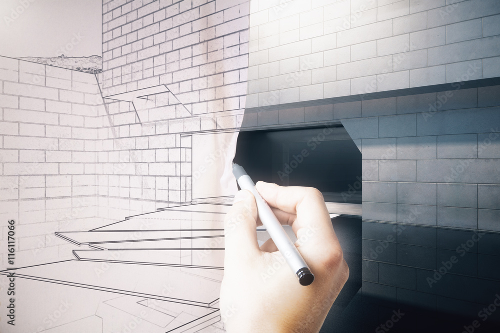 Poster blueprint turning into building