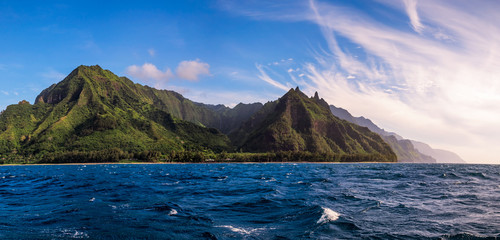 Panoramic view of Na Pali coast from the ocean, Kauai