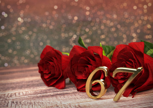 birthday concept with red roses on wooden desk. sixty-seventh. 67th. 3D render