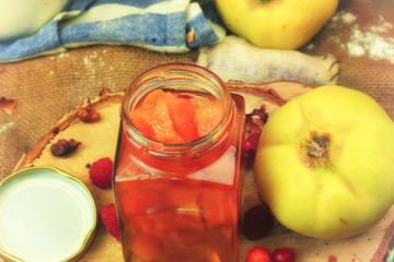 quince jam autumn background in retro style shabby chic