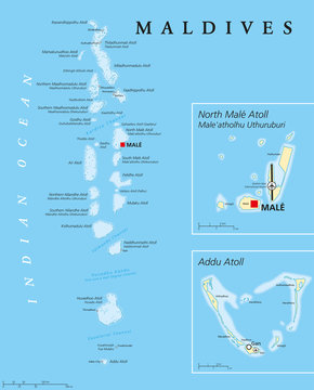Maldives political map with capital Male on Kings Island and important towns. Republic and island country in the Indian Ocean. A chain of twenty six atolls. English labeling. Detailed Illustration.