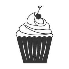Cupcake delicious desert in black and white colors, isolated flat icon.