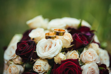Pretty good wedding bouquet of various flowers. Close-up