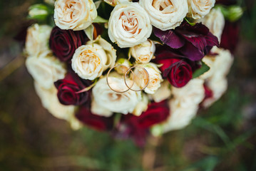 Pretty good wedding bouquet of various flowers. Close-up