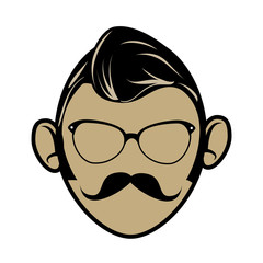 Hipster cartoon face , isolated flat icon with beige and white colors.