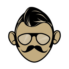 Hipster cartoon face , isolated flat icon with beige and white colors.