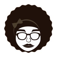 Hippie afro woman , isolated flat icon with black and white colors.