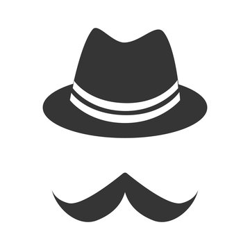 Vintage hat mustache , isolated flat icon with black and white colors.