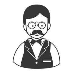 Waiter male mustache glasses , isolated flat icon cartoon