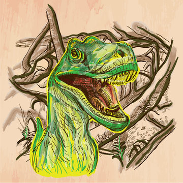 T Rex. DINOSAURS - Life in the prehistoric time. Freehand sketching, line drawing. Hand drawn vector illustration. Colored background is isolated. Technique, colored line art. Vector is easy editable.