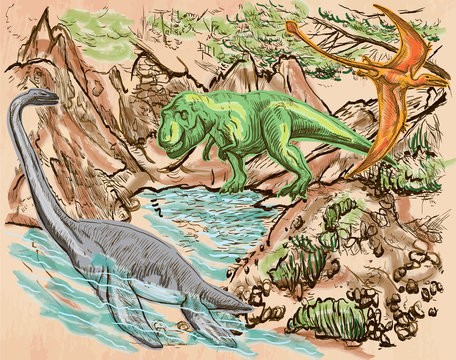 T Rex, Plesiosaur and Pterosaur. DINOSAURS. Life in the prehistoric time. Freehand sketching, line drawing. Hand drawn vector. Colored background is isolated. Colored Line art. Editable vector.