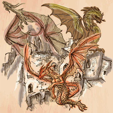 Dragons - An hand drawn vector. Colored line art.