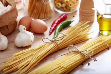 Bunches of spaghetti on a table