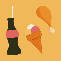 soda botlle,chicken leg  and ice crem illustration over yellow c