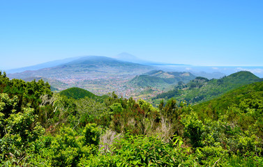Obraz premium Beautiful view on a valley and mount Teide from Anaga mountain range in Tenerife,Canary Islands,Spain.