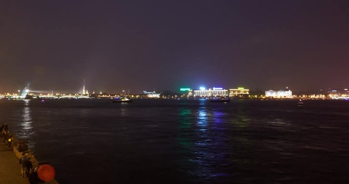 Russia, Saint-Petersburg, 16 July 2016: Time-lapse of return the Cruiser the Aurora to the place of eternal parking at the Nakhimov Naval sea School after the reconstruction, a lot of observing people