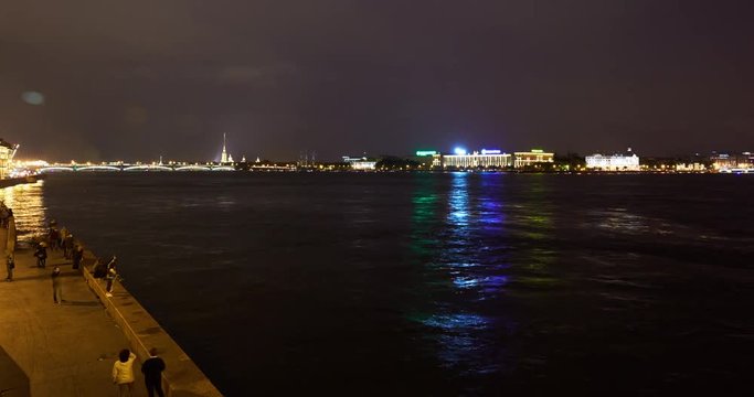 Russia, Saint-Petersburg, 16 July 2016: Time-lapse of return the Cruiser the Aurora to the place of eternal parking at the Nakhimov Naval sea School after the reconstruction, a lot of observing people