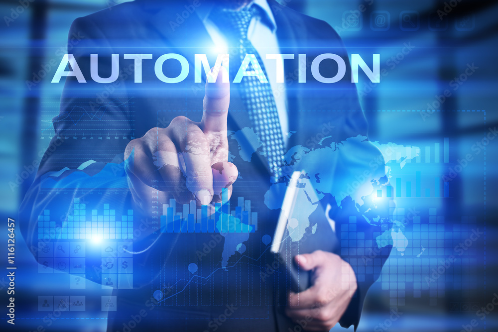 Poster businessman is pressing on the virtual screen and selecting automation.