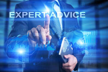 Businessman is pressing on the virtual screen and selecting Expert advice.