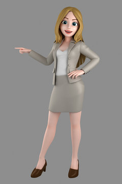 3d illustration of a young business woman in office attire pointing on something