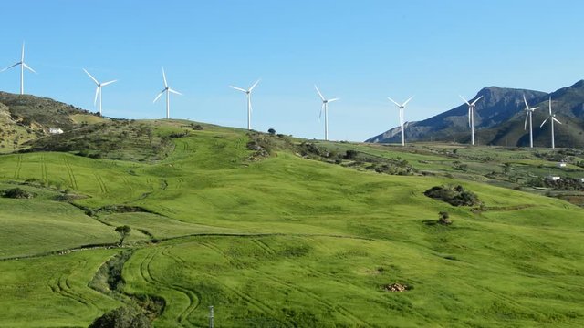 Wind turbines energy renewable at green field with blue sky