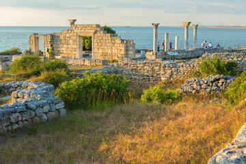 Fototapeta na wymiar Ancient Greek basilica and marble columns in Chersonesus Taurica.