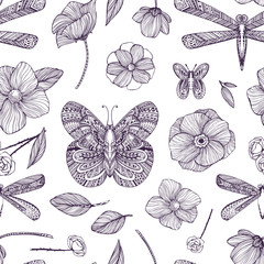 Seamless pattern with black and white ornamental flowers, butterflies, dragonflies. Monochrome background: Floral Texture, Decorative roses, peony, abstract elements. Hand drawn vector illustration.