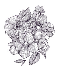 Black and white ornamental flowers. Monochrome Pattern:Floral Texture,Decorative elements for Adult Coloring Book page.Hand drawn vector illustration, separated elements.