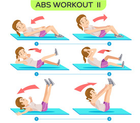 Abs Workout no.2. Six pack workout at home. Easy exercise Program. Cartoon character of beauty women concept.
