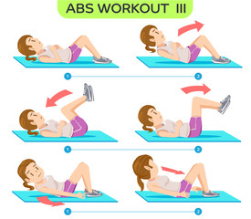 Abs Workout no.3. Six pack workout at home. Easy exercise Program. Cartoon character of beauty women concept.