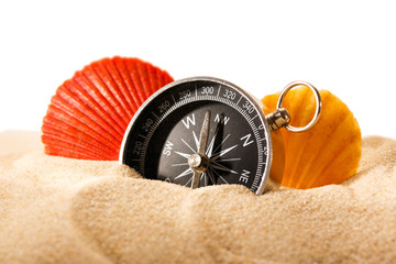 Sea shells and compass in sand