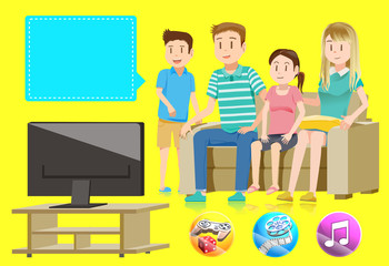 Family watching television together in house. Basic Entertainment character and full-color icon for living room.