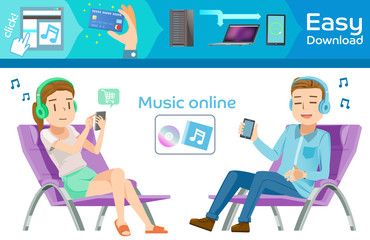 Buy music online in internet. Graphic step for order. people relax on home. Modern lifestyle and smartphone. Transactions through the technology.