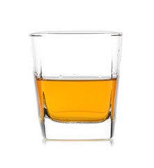 Glass of scotch whiskey  on a white background